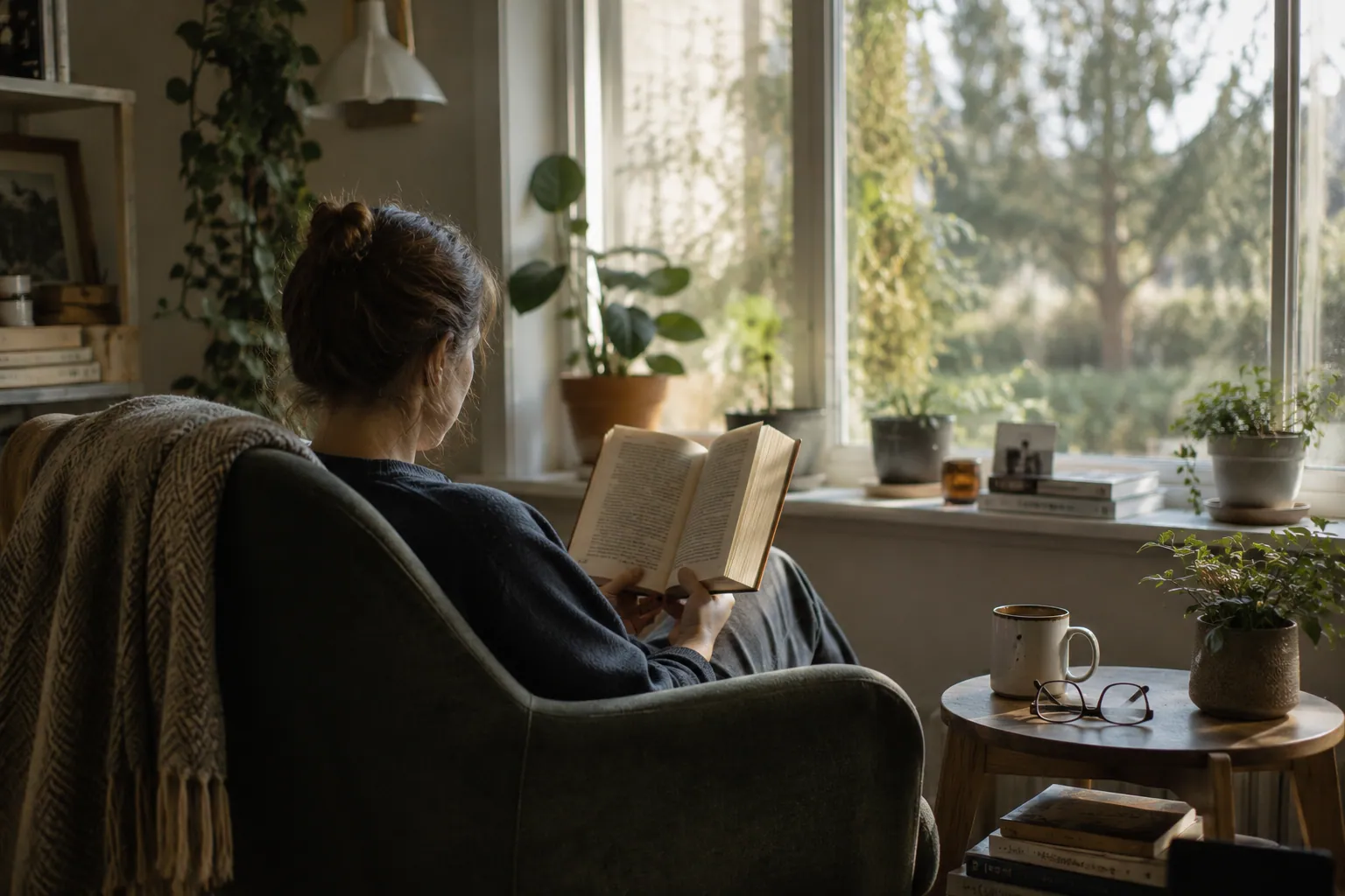 A person sitting quietly with a warm drink in a calm room