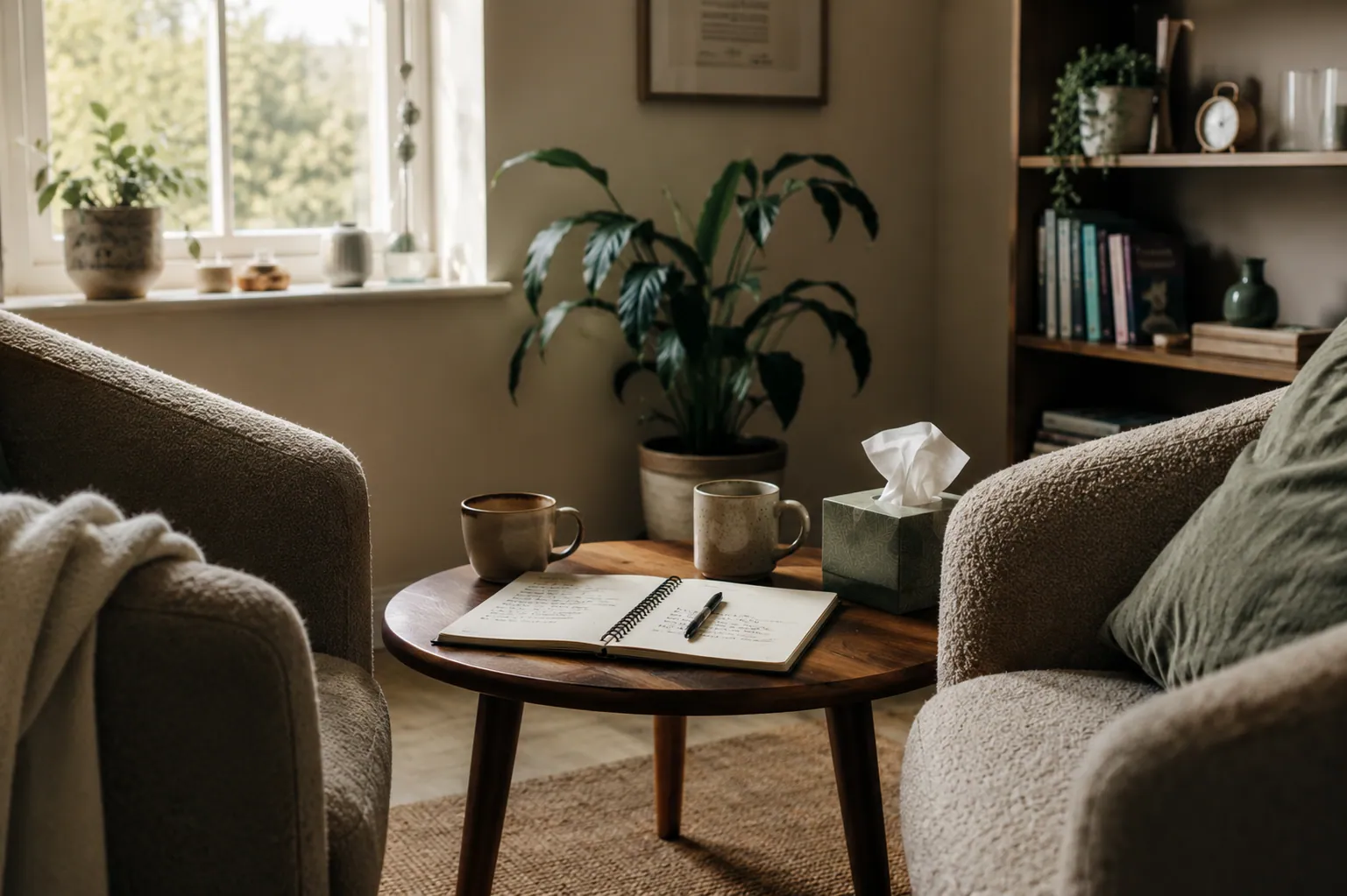 A calm therapy room prepared for a private conversation